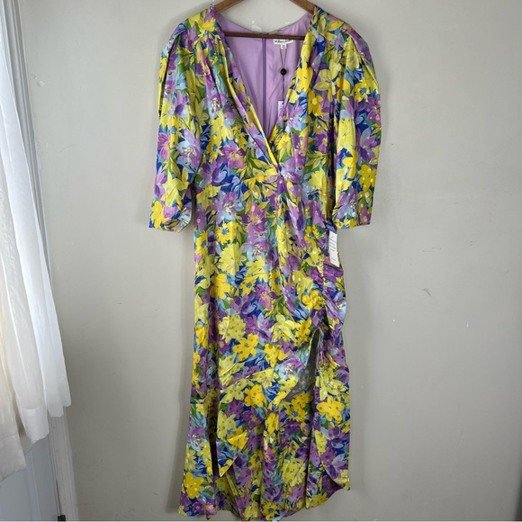 For Love & Lemons Cassia Midi Dress in Lemon Floral Size 2X 3/4 Sleeve V-Neck - Picture 6 of 16